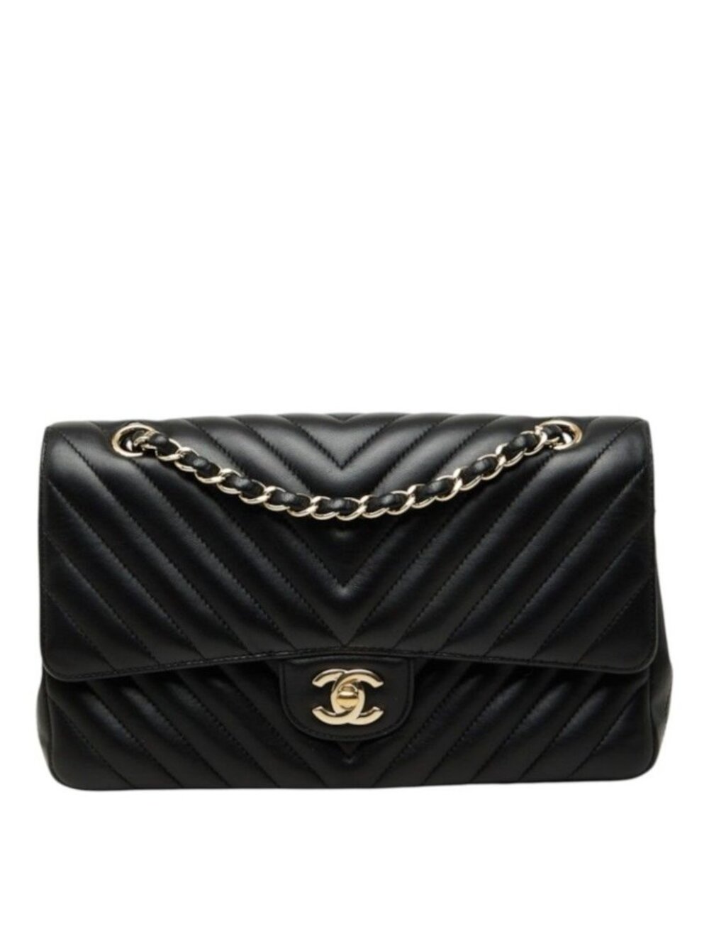 Chanel Chevron V-stitch CC Logo Double Flap Chain Shoulder Bag Black Gold